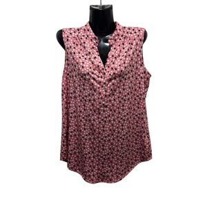 Perseption Concepts Women's Pink Polka‎ Dot Ruffle Neck Sleeveless Blouse L